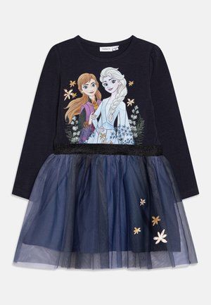 Vestido de manga larga azul marino con falda de tul, que presenta a Anna y Elsa de Frozen y flores bordadas en dorado y blanco en el corpiño y la falda.