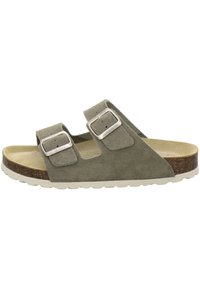 Gray suede sandal featuring two adjustable straps with silver buckles, a contoured cork footbed, and a white rubber sole.