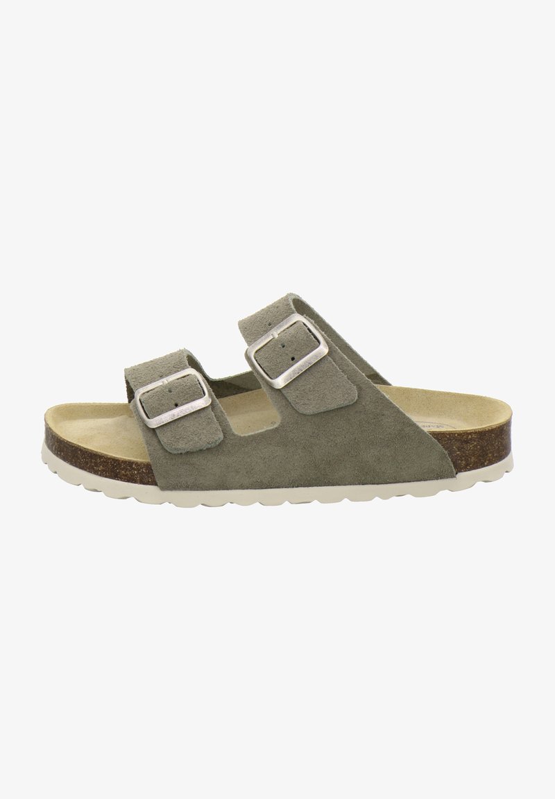 Gray suede sandal featuring two adjustable straps with silver buckles, a contoured cork footbed, and a white rubber sole.