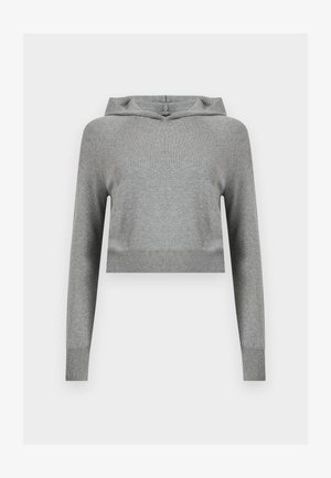 Szara krótka dzianinowa bluza z kapturem z długimi rękawami, ściągaczami na mankietach i u dołu, prezentowana na jasnym jednolitym tle.