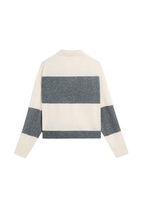 Szary i kremowy sweter w paski wykonany na drutach, z długimi rękawami, wysokim dekoltem i krótszym krojem. Miękka faktura z gładkim wykończeniem.