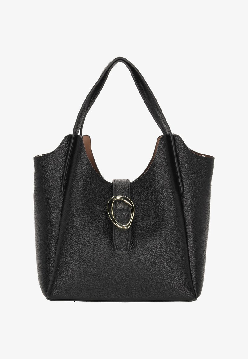 Bolso tote de cuero negro con textura granulada, abertura amplia, asas cortas y un adorno ovalado en tono dorado en el cierre frontal.