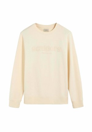 Sudadera de manga larga color crema con puños y dobladillo acanalados, que presenta un sutil texto en relieve "scalpers" en el centro delantero.