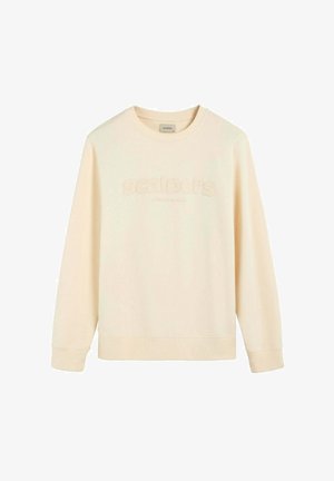 Sudadera de manga larga color crema con puños y dobladillo acanalados, que presenta un sutil texto en relieve "scalpers" en el centro delantero.