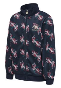 Marin zip-jakke lavet af glat, let stof, med et blomstermønster i pink og grønt, samt ribbede manschetter og krave.