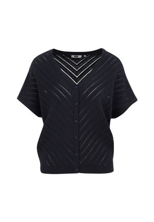 Cardigan bleu marine avec un motif en chevron, manches courtes, décolleté en V et fermeture par boutons. Fabriqué en tissu tricoté léger et texturé.