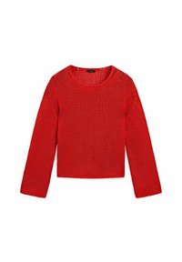 Pull court rouge à manches longues, fabriqué en maille lâche. Encolure arrondie avec un motif texturé sur toute la surface.