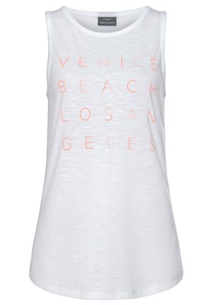 Canotta bianca senza maniche con la scritta "VENICE BEACH LOS ANGELES" in testo corallo. Tessuto morbido e leggero con una vestibilità comoda e scollatura rotonda.