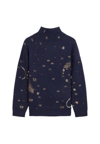 Navy blue sweater with a high neck, featuring gold star and moon patterns throughout. Knit texture and relaxed fit with dropped shoulders.