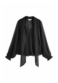 Čierna, ľahká blúzka s dlhými vyčnievajúcimi rukávmi, hlbokým V-výstrihom a splývavým detailom na viazanie vpredu. Vyrobená z priesvitnej látky s jemnou textúrou.