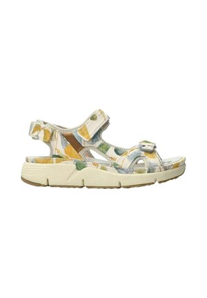 Sandale décontractée à bout ouvert avec motif abstrait multicolore, brides Velcro réglables et semelle blanche épaisse texturée.