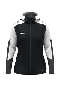 Zwart-witte sportjack met hoge kraag, volledige rits, zijzakken en logo. Getextureerde stof met contrasterende mouwpanelen.