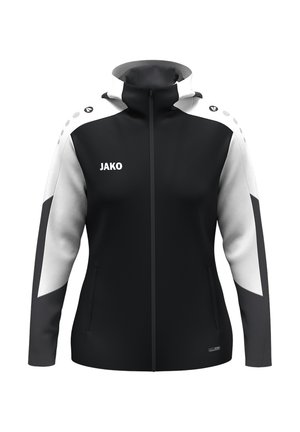 Black and white athletic jacket with high collar, full zipper, side pockets, and logo. Textured fabric with contrasting sleeve panels.