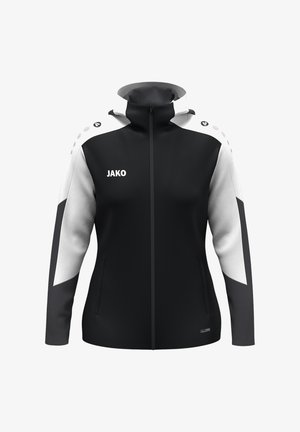 Schwarze und weiße Sportjacke mit hohem Kragen, durchgehendem Reißverschluss, seitlichen Taschen und Logo. Texturiertes Material mit kontrastierenden Ärmelpaneelen.