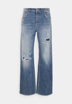 Blue denim wide-leg jeans with distressed patches and fading on front thighs and knees, button and zipper closure, and front pockets.
