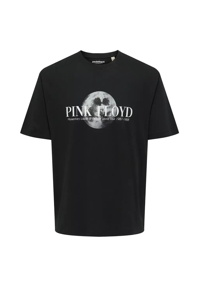Camiseta de algodón negra con impresión gráfica de una luna y el texto "PINK FLOYD" con los detalles de la gira debajo, de mangas cortas y cuello redondo.
