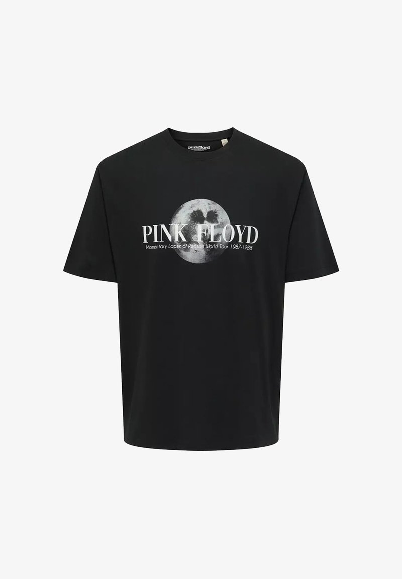 Camiseta de algodón negra con impresión gráfica de una luna y el texto "PINK FLOYD" con los detalles de la gira debajo, de mangas cortas y cuello redondo.