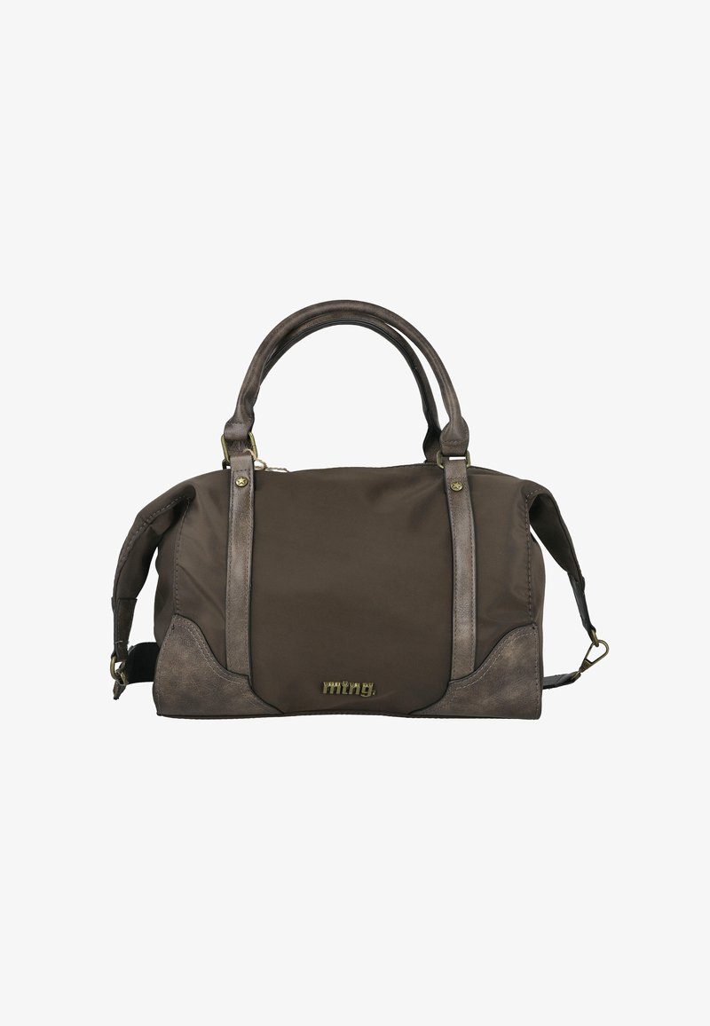 Bolso de tela marrón con detalles en cuero, asas dobles y correa desmontable. Cuenta con un logo sutil en el frente y detalles de costura.