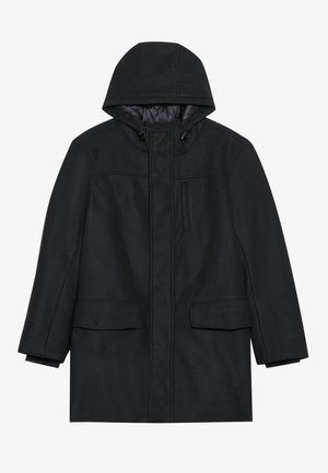Black hooded jacket with a smooth exterior, front zip closure, two large pockets, and adjustable drawstrings at the hood.