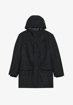 Sort hættejakke med en glat overflade, frontlynlås, to store lommer og justerbare snore i hætten.