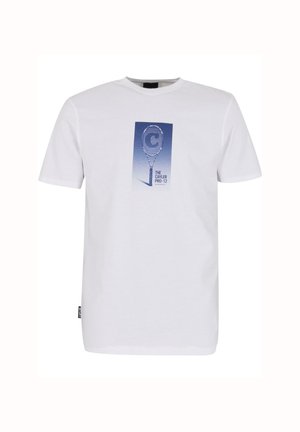White cotton t-shirt featuring a graphic print of a tennis racket with a blue gradient background and "THE CAYLER PRO-12" text below.
