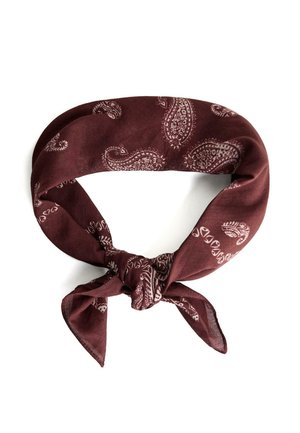 Rødbrunt bandana med hvide paisleymønstre bundet i en knude mod en hvid baggrund.