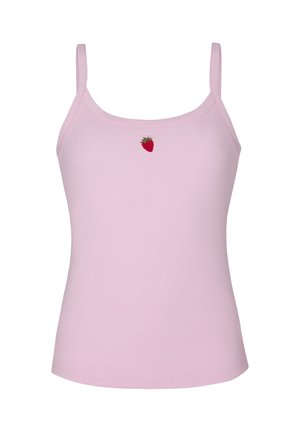 Lichtroze geribd tanktopje met dunne bandjes en een kleine geborduurde rode aardbei, gecentreerd onder de halslijn.