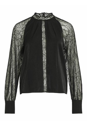 Černá blůza s plnými krajkovými dlouhými rukávy, vysokým límcem s jemným lemováním a pevným černým předním panelem.