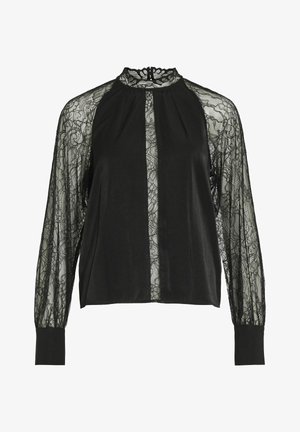Black blouse featuring full lace long sleeves, a high neck with a delicate trim, and a solid black front panel.