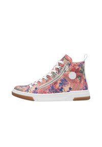Baskets montantes avec un motif floral présentant des couleurs rose, bleu et vert, des lacets blancs, une fermeture éclair sur le côté et une semelle en caoutchouc.
