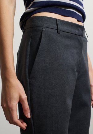 Pantaloni grigi su misura con una texture liscia, caratterizzati da pieghe frontali e tasche laterali, completati da un sottile dettaglio di cucitura in vita.