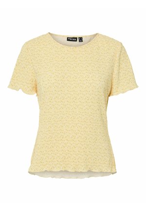 Haut jaune à manches courtes en maille côtelée avec un petit motif floral, bords festonnés aux manches et à l'ourlet, encolure ronde et silhouette ajustée.