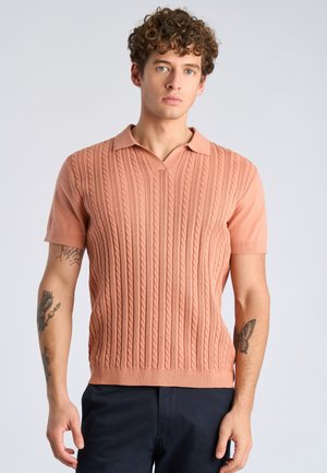 Junger Mann mit lockigem Haar, der ein lachsrosa kurzärmeliges Strick-Poloshirt und dunkle Hosen trägt, vor einem schlichten hellen Hintergrund stehend.