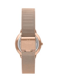 Orologio in mesh rosa oro con cassa rotonda e quadrante minimalista, materiale in acciaio inossidabile e bracciale in metallo testurizzato.