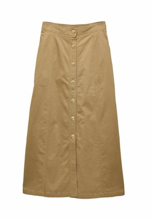 Khaki cotton midi skirt with a straight cut, featuring a front button closure, five buttons, and vertical seam detailing. Elastic waistband.