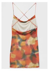 Robe sans manches avec un motif abstrait coloré dans des tons d'orange, de jaune et de vert ; présente un devant drapé et des bretelles croisées.