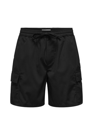 Sorte cargo shorts lavet af et letvægtsstof, med sidelommer og en elastisk talje med snoretræk for justerbar pasform.