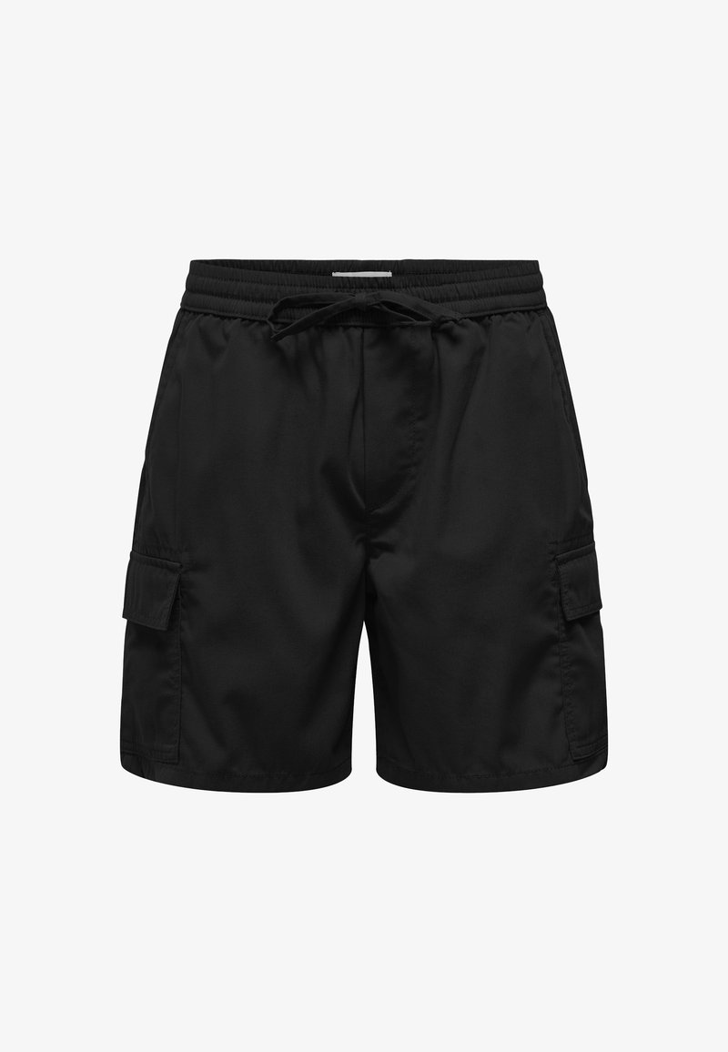Sorte cargo shorts lavet af et letvægtsstof, med sidelommer og en elastisk talje med snoretræk for justerbar pasform.
