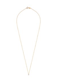 Złota łańcuszek o delikatnym wzornictwie. Posiada mały, przezroczysty kamień szlachetny zawieszony na środku. Gładka tekstura, minimalistyczny styl.