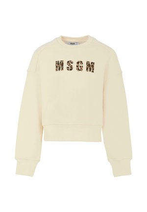 Felpa crema cropped con logo "MSGM" a stampa leopardata. Presenta scollo rotondo e texture morbida, con polsini e orlo a coste.