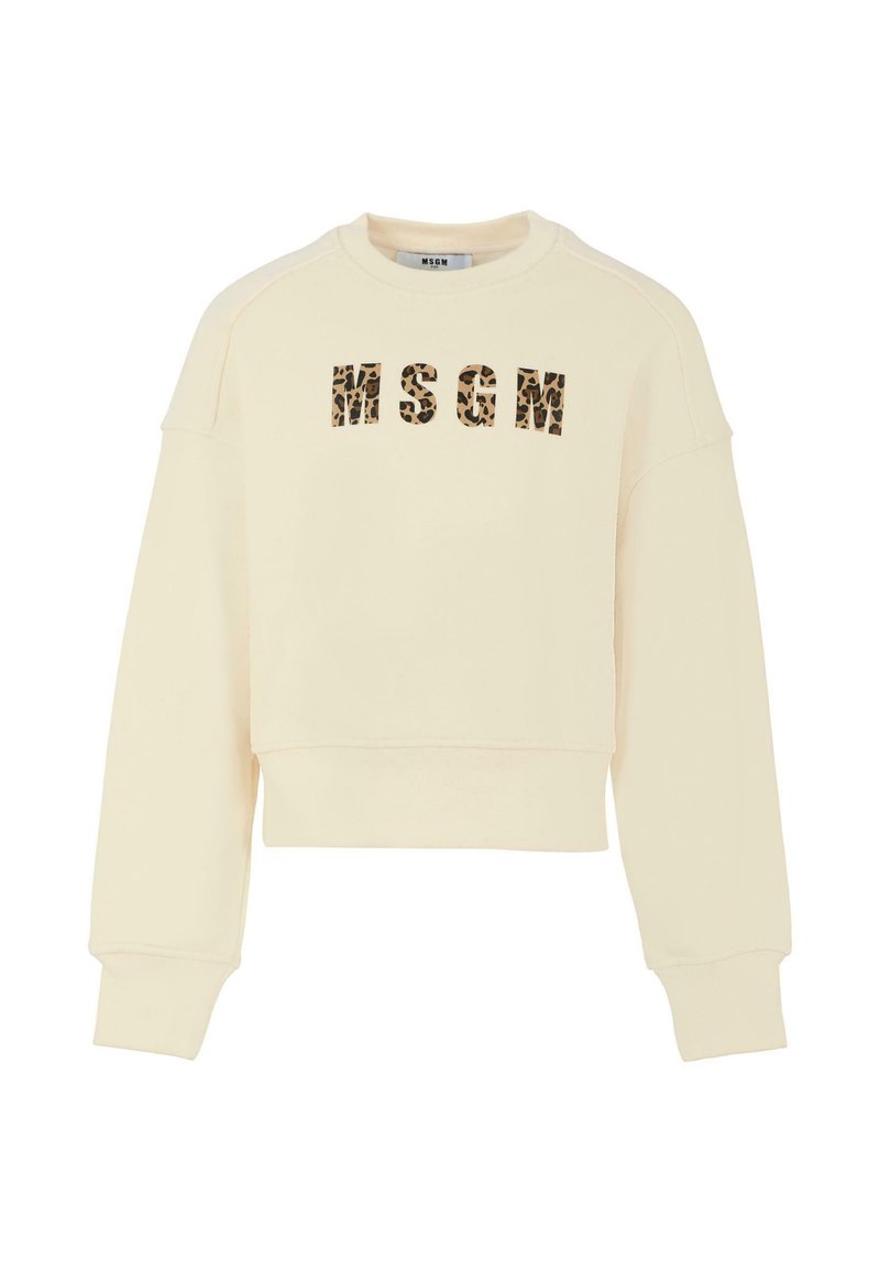 Geknipte crèmekleurige sweatshirt met panterprint "MSGM" logo. Heeft een ronde halslijn en een zachte textuur, met gebreide manchetten en zoom.