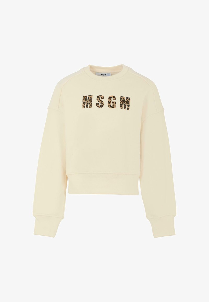 Felpa crema cropped con logo "MSGM" a stampa leopardata. Presenta scollo rotondo e texture morbida, con polsini e orlo a coste.