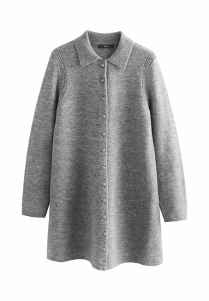 Grey knitted cardigan with a collar, buttoned front, long sleeves, and a slightly flared hem. Smooth texture with a soft appearance.