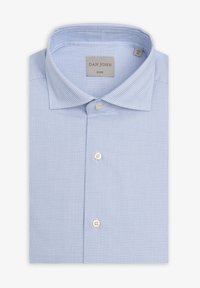 Lyseblå ternet skjorte, slim fit, med spredt krave, knaplukning fortil, og hvide knapper. Stof ser glat og vævet ud.