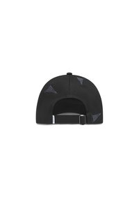 Schwarze Kappe mit gebogenem Schirm, ausgestattet mit dunklen, dreieckigen Akzenten und einem Snapback-Verschluss. Die Stofftextur ist glatt und strapazierfähig.