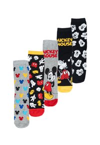 Cinque paia di calzini che presentano Topolino. I colori includono grigio, nero e giallo con diversi stampe di Topolino e motivi colorati.