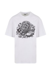 White cotton t-shirt featuring a monochrome graphic design with intricate details, including the word "KANI" and various circular shapes.