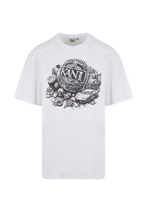 White cotton t-shirt featuring a monochrome graphic design with intricate details, including the word "KANI" and various circular shapes.