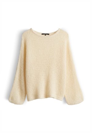 Maglione a maglia color crema con vestibilità ampia e maniche larghe, scollo rotondo, esposto su uno sfondo bianco.