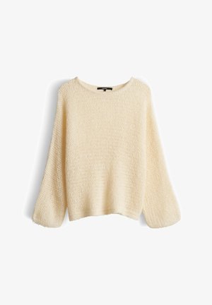 Maglione a maglia color crema con vestibilità ampia e maniche larghe, scollo rotondo, esposto su uno sfondo bianco.